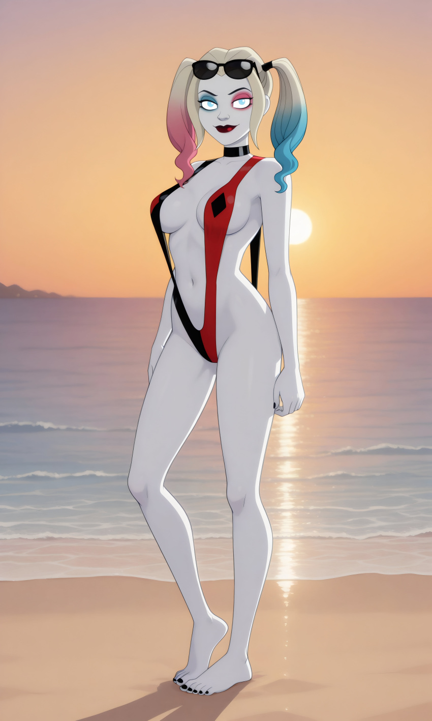 1girl beach big_ass big_breasts bikini cute harley_quinn harley_quinn_(series) keoenl long_hair necklace ponytails posing sea seductive seductive_smile sexy sling_bikini sunglasses