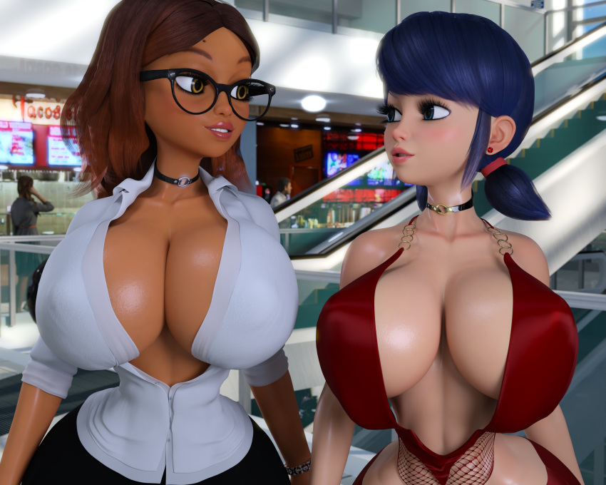 2_girls 3d alya_cesaire big_breasts blue_eyes blue_hair brown_eyes brown_hair female_only marinette_dupain-cheng miraculous_ladybug ruidx tagme