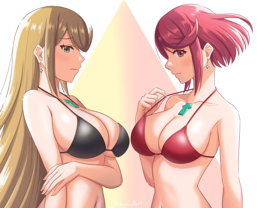 2_girls 6oryo_illust absurd_res alluring arm_under_breasts big_breasts bikini bikini_pull black_bikini blonde_hair bob_cut breast_focus chest_jewel closed_mouth clothes_pull collarbone commentary_request core_crystal_(xenoblade) earrings floating_earring from_side gradient_background hand_up heroine heroines high_res jewelry long_hair looking_at_another looking_at_viewer medium_hair milf multiple_girls mythra navel pink_background pulling_own_clothes pyra red_bikini red_hair ryochan96154 shadow short_hair sidelocks sideways_glance stomach strap_lift swimsuit twitter_username upper_body very_long_hair xenoblade_(series) xenoblade_chronicles_2 yellow_background