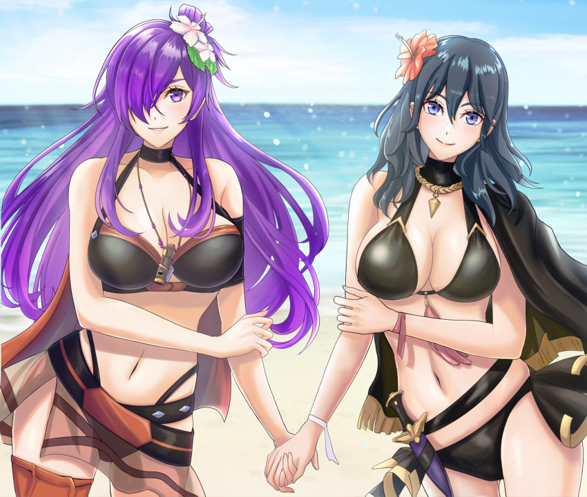 2_girls alluring beach big_breasts bikini blue_sky byleth_(fire_emblem) byleth_(fire_emblem)_(female) byleth_(summer)_(fire_emblem)_(female) cleavage fire_emblem fire_emblem_heroes intelligent_systems kousetu0506 nintendo ocean pin_up purple_eyes purple_hair shez_(fire_emblem) shez_(fire_emblem)_(female) shez_(summer)_(fire_emblem) teal_eyes teal_hair
