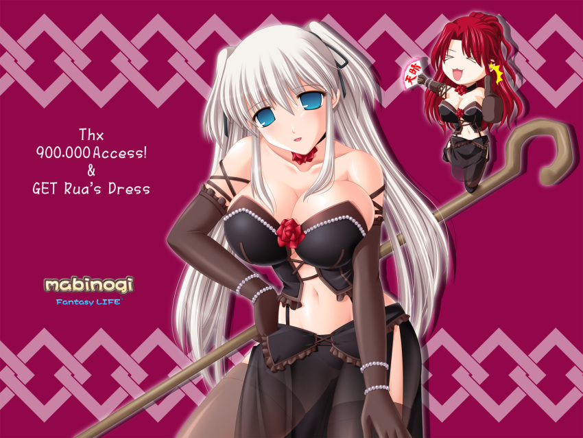 2_girls asymmetrical_bangs bangs bare_shoulders big_breasts black_choker black_clothing black_corset black_skirt blue_eyes bracelet breasts brown_gloves brown_legwear brown_thighhighs chibi choker cleavage closed_eyes closed_mouth collarbone copyright_name corset cosplay earrings elbow_gloves empty_eyes eyebrows_visible_through_hair fan female_only flower gloves hand_on_hip hand_up happy head_tilt holding holding_fan holding_object holding_staff huge_breasts jewelry kafu kafu_(logaemon) legs legwear long_hair long_skirt looking_at_viewer mabinogi midriff nao_(mabinogi) nao_mariota_pryderi navel neck necklace open_mouth ponytail purple_background red_flower red_hair red_rose revealing_clothes rose rose_earrings rua rua_(cosplay) see-through see-through_clothes see-through_skirt side_slit sidelocks skirt smile staff standing stockings strapless thick_thighs thighs thumbs_up tied_hair two_side_up wavy_hair