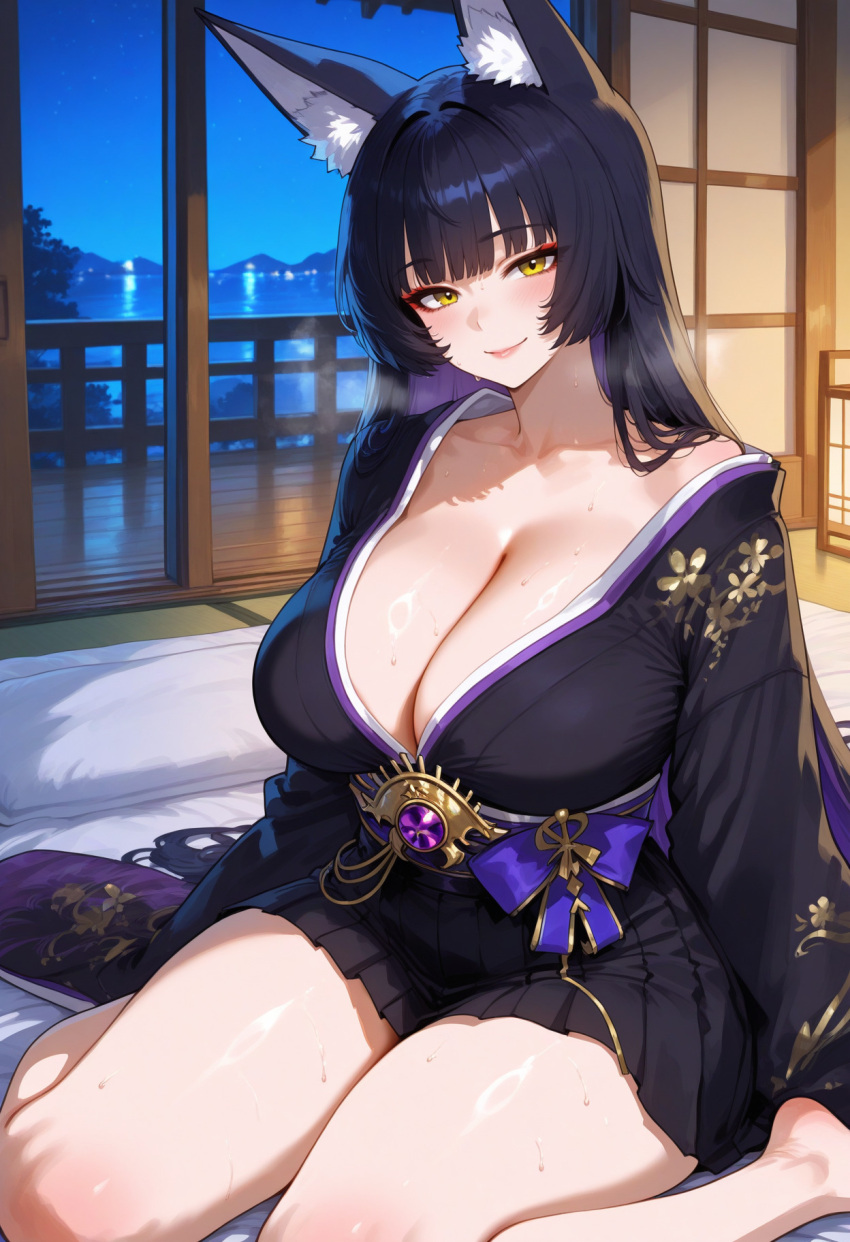 1girl ai_generated azur_lane big_breasts big_breasts breasts female_focus fox_ears huge_breasts kitsune mature_female milf musashi_(azur_lane) purple_hair yellow_eyes