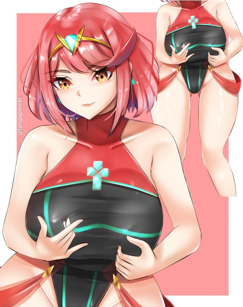 1girl 1girl 1girl absurd_res alluring ass big_breasts competition_swimsuit cross curvy heroine high_res langspower milf nintendo official_alternate_costume one-piece_bikini pyra_(xenoblade) red_hair short_hair solo_female standing tagme thick_thighs xenoblade_(series) xenoblade_chronicles_2 yellow_eyes
