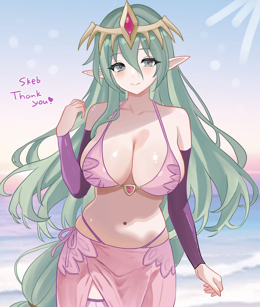 1girl 1girl absurd_res alluring big_breasts bikini cleavage closed_mouth commentary_request commission cowboy_shot detached_sleeves fire_emblem green_eyes green_hair hair_between_eyes halterneck hand_up headgear high_res intelligent_systems long_hair long_sleeves looking_at_viewer n_54 navel nintendo pink_bikini pink_sarong pointy_ears purple_sleeves sarong skeb_commission skindentation smile standing stomach string_bikini swimsuit tiki_(adult)_(fire_emblem) tiki_(fire_emblem) very_long_hair