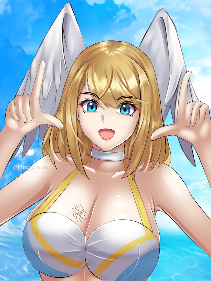 1girl 1girl alluring big_breasts bikini blue_eyes brown_hair cleavage eunie_(xenoblade) langspower looking_happy nintendo tattoo tattoo_on_breast tomboyish xenoblade_(series) xenoblade_chronicles_3