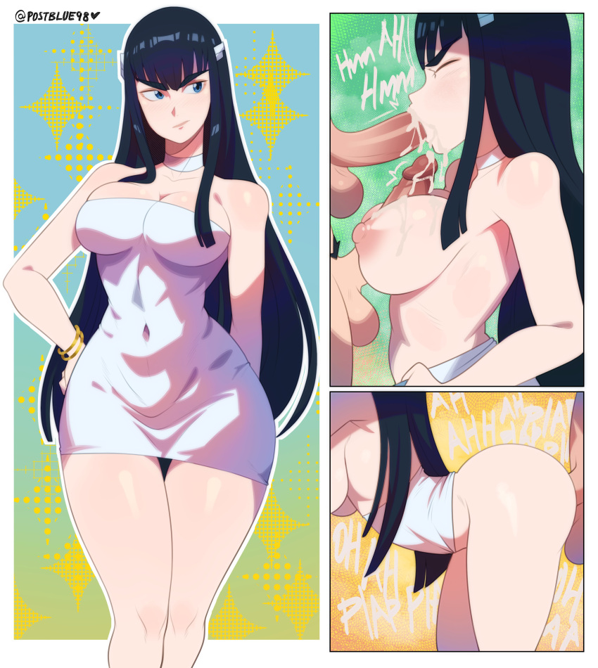 1girl 1girls 2boys ass big_breasts black_hair blue_eyes breasts disembodied_penis dress fellatio kill_la_kill kiryuuin_satsuki large_ass light-skinned_female light-skinned_male light_skin long_hair male mmf_threesome no_panties paizuri paizuri paizuri penis postblue98 sex uncensored