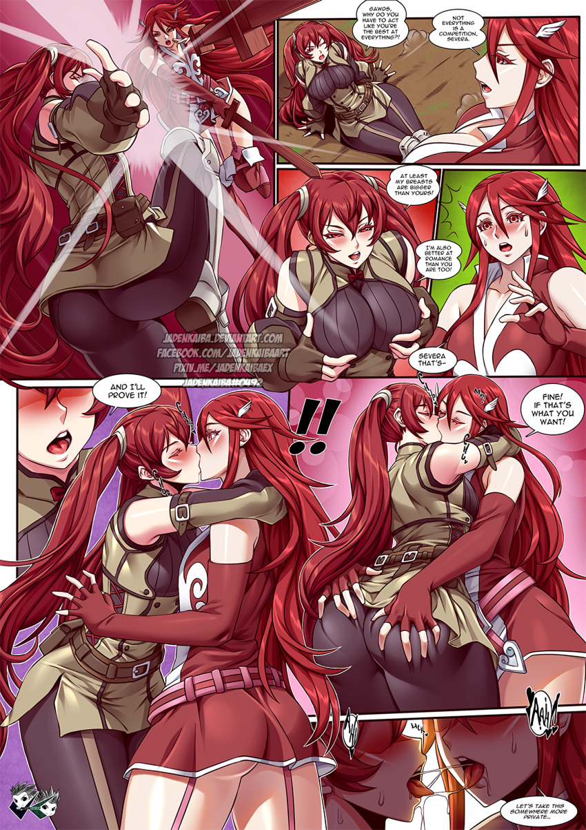 1girl 2_girls alluring ass big_breasts blush catfight cordelia_(fire_emblem) english_text female_only fight fire_emblem fire_emblem_awakening hartman_hips hips hourglass_figure incest intelligent_systems jadenkaiba kissing large_ass long_hair medium_breasts milf mother_&_daughter multiple_girls nintendo red_eyes red_hair saliva_string severa_(fire_emblem) sword text twin_tails underass weapon wide_hips wooden_sword yuri
