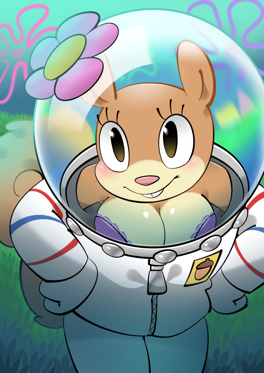 1girl 2boys anthro big_breasts biped black_eyes blush bra breasts brown_body brown_ears brown_fur brown_tail buckteeth cleavage clothed clothed_anthro clothed_female clothing eyelashes female female_anthro flower flower_cloud_(spongebob) fur grass hands_on_own_hips high_res leaning leaning_forward male mammal monodie multicolored_body multicolored_fur nickelodeon patrick_star pink_flower pink_nose plant purple_bra purple_clothing purple_underwear rodent sandy_cheeks sciurid smile solo_focus spacesuit spongebob spongebob_squarepants standing tail tan_body tan_fur teeth tree_squirrel two_tone_body two_tone_fur underwater underwear water