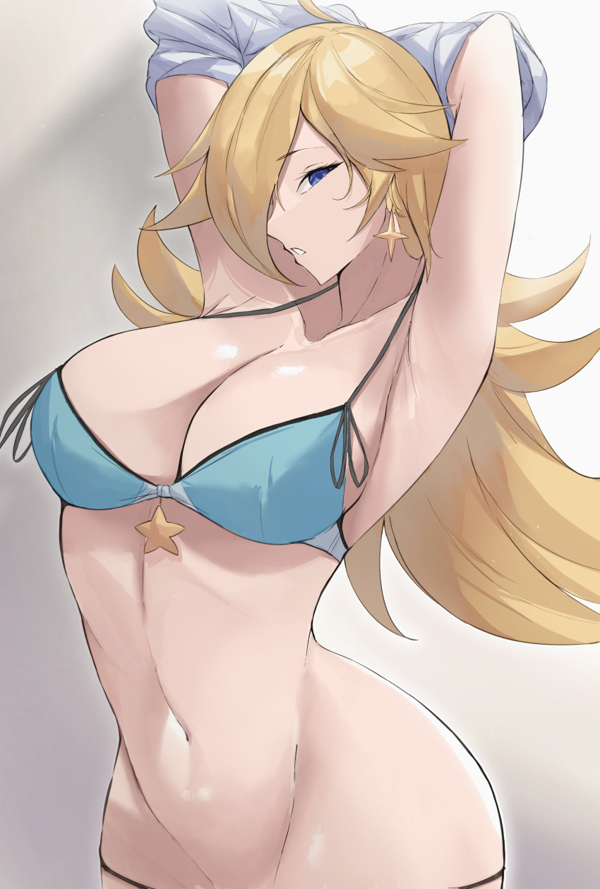 1girl absurd_res alluring arms_up bare_shoulders big_breasts blonde_hair blue_bra blue_eyes bra calmgreentori cleavage earrings hair_over_one_eye high_res jewelry lifting_own_clothes long_hair looking_at_viewer mario_(series) navel nintendo panties princess_rosalina simple_background star_(symbol) star_earrings stomach super_mario_bros. underwear undressing upper_body