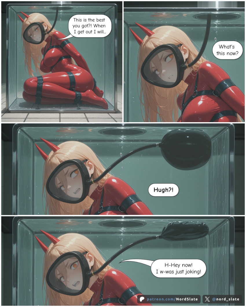 1girl ai_assisted ai_generated air_bubble air_bubbles aquaphilia asphyxiation begging_for_mercy big_breasts bodysuit bondage bondage_gear bondage_harness bondage_outfit bound bound_arms bound_legs breath_play breathing_tube breathplay chainsaw_man comic female female_only fit_female gas_mask harness heavy_breathing in_box in_container in_water latex latex_bodysuit latex_suit looking_at_viewer nordslate power_(chainsaw_man) restrained restrained_arms restrained_legs restraints rubber rubber_clothing rubber_suit scared skin_tight skintight_bodysuit solo solo_female submerged tight_clothing underwater water