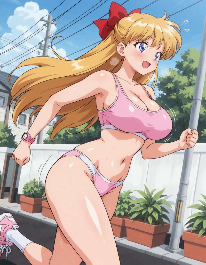 1girl alluring alternate_breast_size big_breasts bishoujo_senshi_sailor_moon blonde_hair blue_eyes jogging jogging_outfit minako_aino neighborhood nekom14 open_mouth outside red_bow running_shoes sailor_venus sneakers sports_bra sportswear