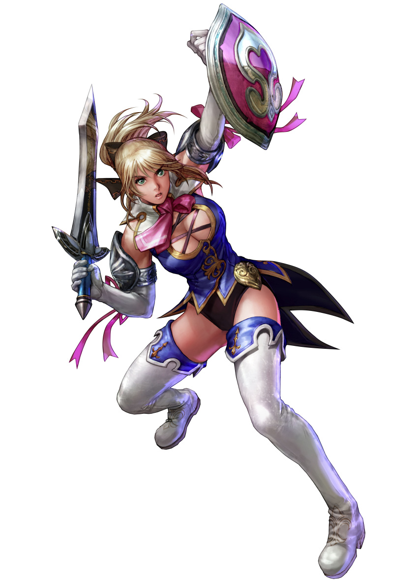 1girl amazon aqua_eyes arm_up bare_shoulders big_breasts black_ribbon blonde_female blonde_hair blue_dress boots breasts cassandra_alexandra cleavage cleavage_cutout clothing_cutout cross-laced_clothes cross-laced_dress detached_collar dress elbow_gloves eyebrows_visible_through_hair female_only female_solo fighting_stance floating_hair footwear full_body gloves hair_between_eyes hair_ornament hair_ribbon hand_up holding holding_shield holding_sword holding_weapon kawano_takuji legs lips lipstick looking_up makeup namco open_mouth ponytail protecting ribbon serious shield short_dress short_hair simple_background sleeveless sleeveless_dress soul_calibur soul_calibur_iv soulcalibur_iv standing sword thigh_high_boots thighs tied_hair weapon white_background white_boots white_footwear white_gloves white_thigh_boots