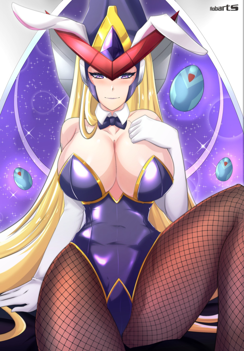 1girl android artist_request bare_shoulders berkana big_breasts blonde blonde_female blonde_hair blush bowtie breasts bunny_ears bunnysuit capcom cleavage collarbone copyright_request fishnet_legwear fishnet_thighhighs fishnets forehead_jewel hair_over_shoulder hat high_res leotard long_gloves long_hair low_neckline mega_man_(series) mega_man_x mega_man_x_(series) mega_man_xtreme mega_man_xtreme_2 neckline open_legs playboy_bunny purple_eyes robarts_hallway robot sitting stockings thick_thighs thighs white_gloves wide_hips witch witch_hat