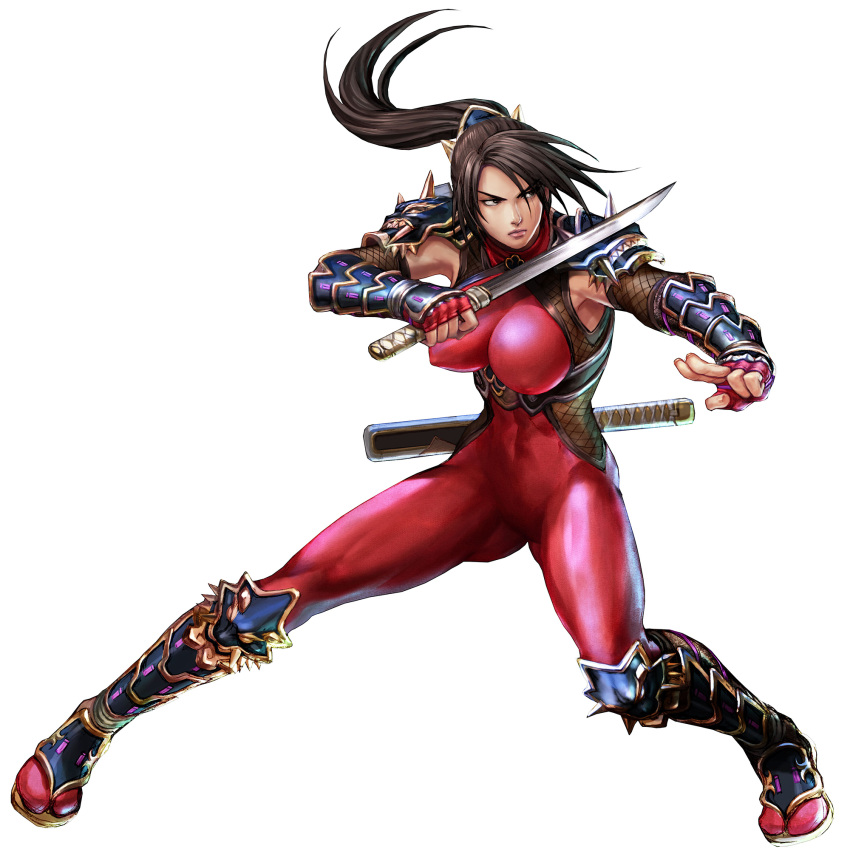 1girl angry armor big_breasts black_eyes black_hair bodysuit breasts closed_mouth covered_navel erect_nipples female_only female_solo fighting_stance fingerless_gloves floating_hair full_body gloves half-closed_eyes hands_up high_ponytail holding holding_katana holding_sword holding_weapon katana kawano_takuji kunoichi lips long_hair looking_to_the_side matching_hair/eyes namco ninja ponytail red_bodysuit red_gloves serious shoulder_armor simple_background skin_tight sleeveless sleeveless_bodysuit soul_calibur soul_calibur_iv soulcalibur_iv standing sword taki taki_(soulcalibur) tied_hair weapon white_background