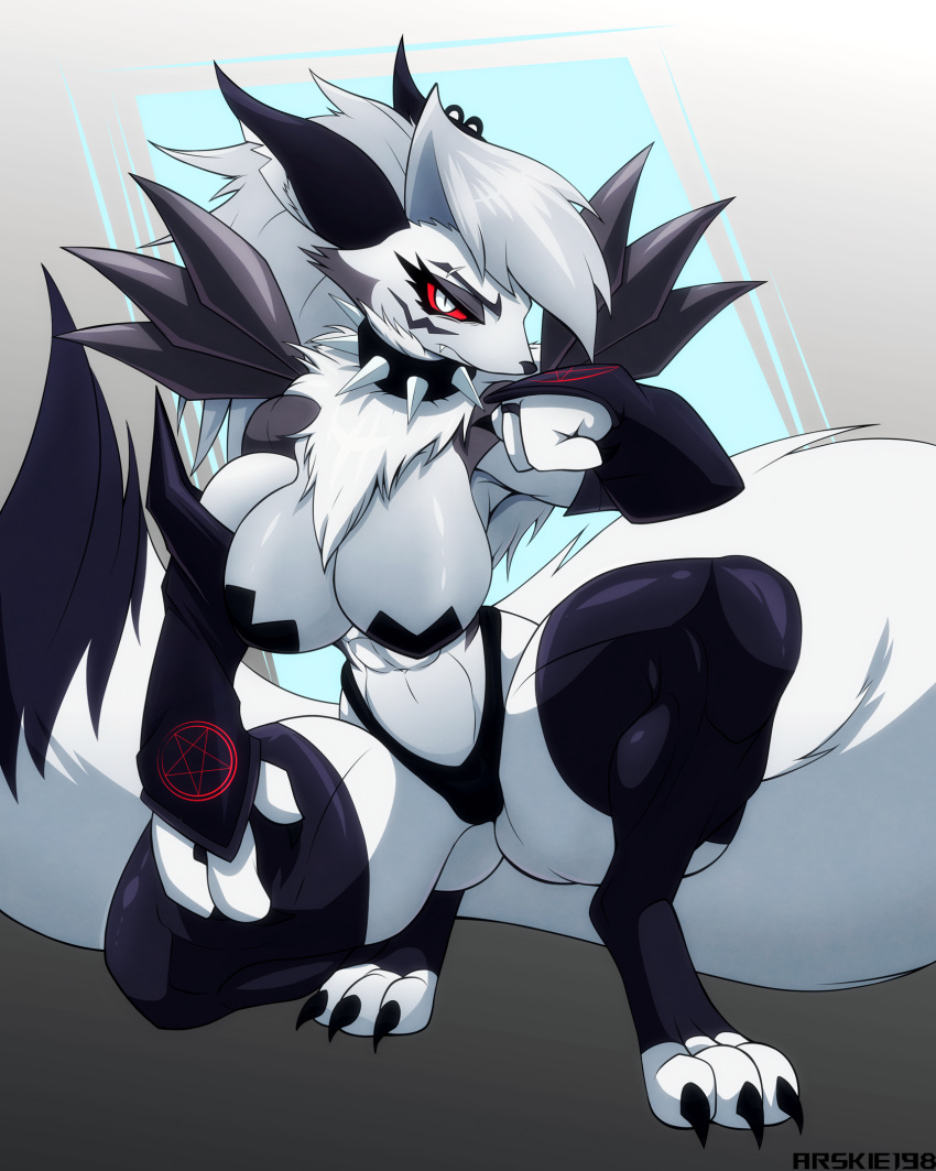 1girl anthro armwear arskie198 bandai_namco big_breasts breasts bridal_gauntlets canid canid_demon canine clothing collar crossover cute_fangs demon digimon digimon_(species) ear_piercing earring fangs female fur hellhound helluva_boss hybrid legwear looking_at_viewer loona_(helluva_boss) mammal mythological_canine mythological_creature mythology nipple_tape occult_symbol pasties pentagram piercing pupils red_sclera renamon ring_piercing slit_pupils solo spiked_collar spikes stockings symbol tail tape teeth thick_thighs white_body white_fur wide_hips