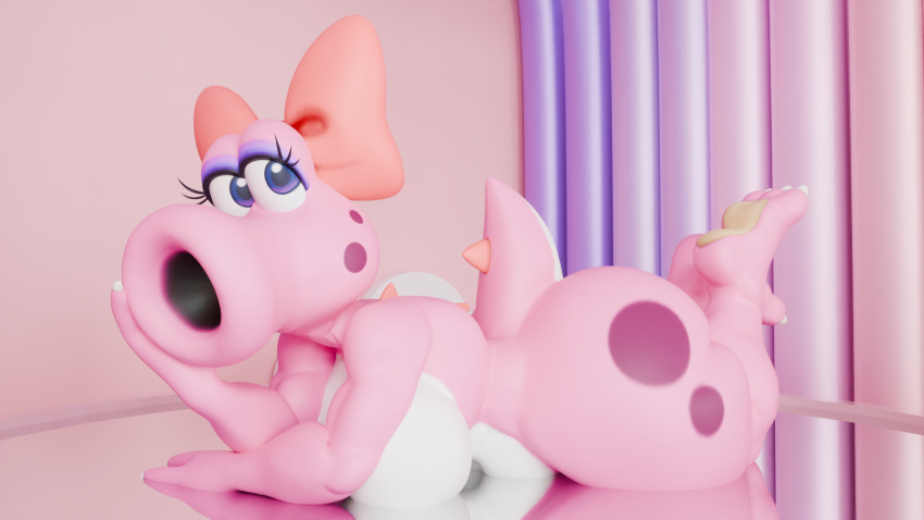 1girl anthro barefoot big_breasts birdo blender_cycles breasts daemont92 feet female lying mario_(series) nintendo nude posing solo