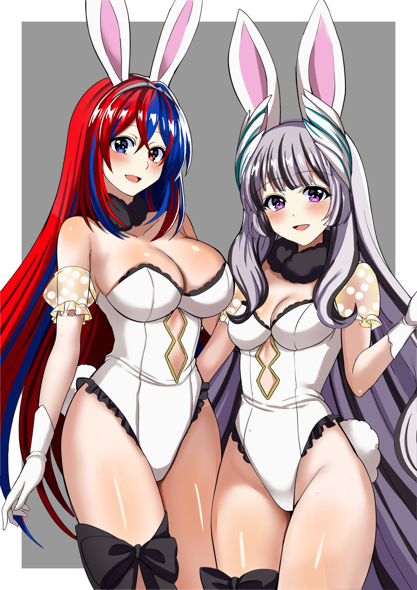 2_girls :d absurd_res alear_(female)_(fire_emblem) alear_(fire_emblem) alluring alternate_costume animal_ears big_breasts black_hair blunt_bangs cleavage crossed_bangs fake_animal_ears fake_tail fire_emblem fire_emblem_engage gloves grey_hair h hair_between_eyes heterochromia high_res intelligent_systems leotard long_hair medium_breasts multicolored_hair multiple_girls nintendo open_mouth playboy_bunny purple_eyes rabbit_ears rabbit_tail red_and_blue_hair siblings silf silfs sisters small_breasts smile strapless strapless_leotard tail tara_(szzj7733) two-tone_hair very_long_hair veyle_(fire_emblem) white_gloves white_leotard