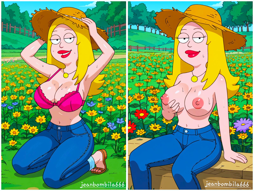 ai_generated american_dad big_breasts blonde_hair bra erect_nipples francine_smith hat holding_breast jeanbombila666 jeans kneel red_lipstick sitting smiling_at_viewer thighs