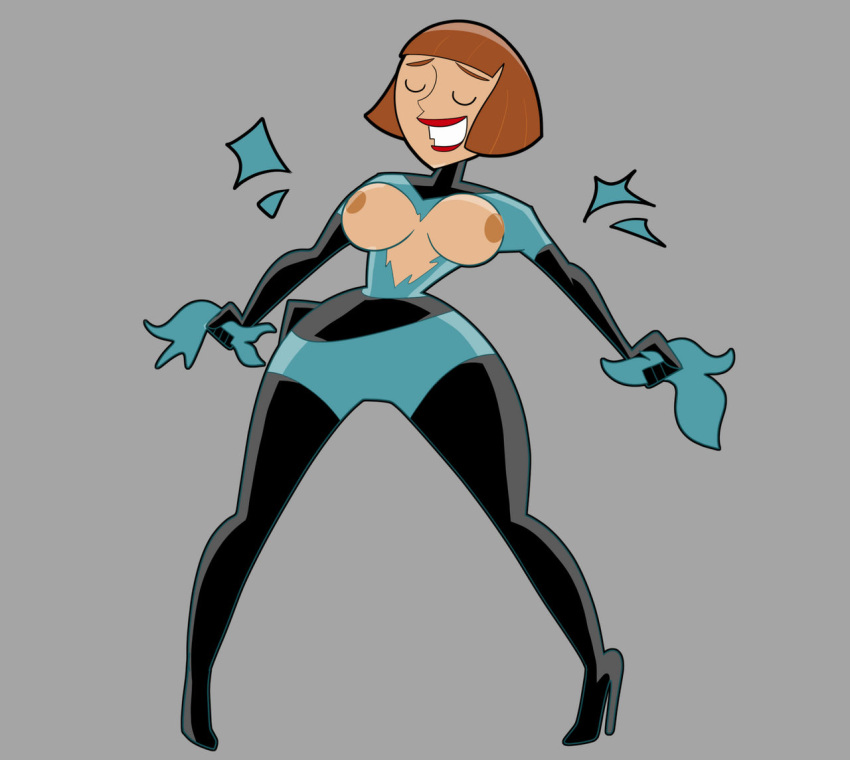 areola atomictiki belt big_breasts bodysuit boots breasts breasts_out brown_areola brown_hair closed_eyes danny_phantom elbow_gloves exhibitionism exposed_breasts exposing exposing_breasts exposing_self fringe_hair green_bodysuit grey_background heel_boots heeled_shoes high_heels long_gloves madeline_fenton milf open_legs red_lips red_lipstick short_hair simple_background smile spread_legs tearing_clothes thigh_high_boots torn_clothes torned_clothes utility_belt