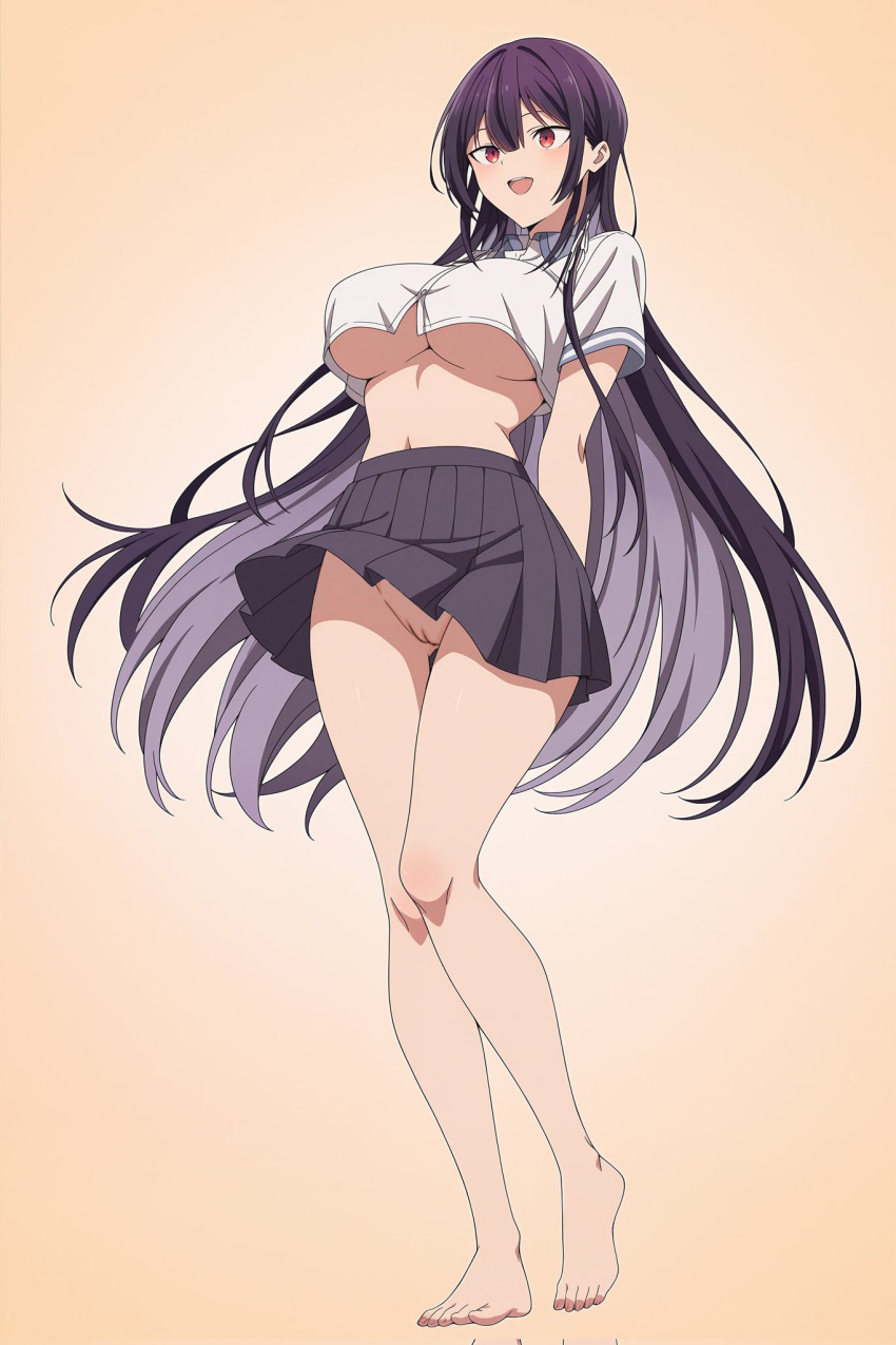 big_breasts bottomless haite_kudasai_takamine-san long_hair nekom14 no_bra no_panties open_mouth purple_hair pussy red_eyes school_uniform takamine_takane upskirt