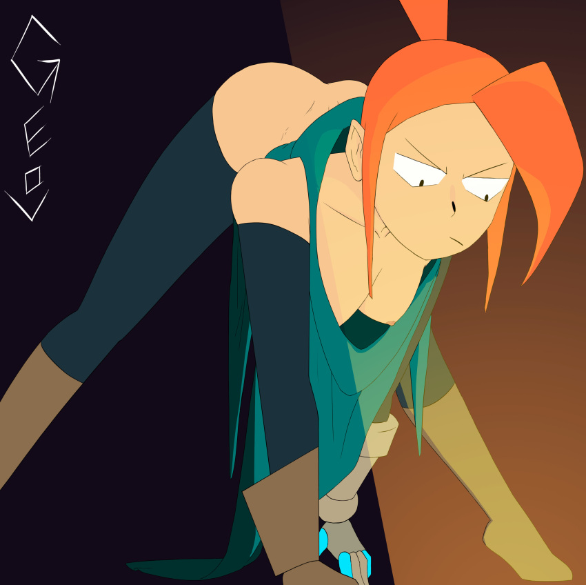 1girl 1girls angry ankle_boots armored_gloves artist_request ass ass_up big_breasts boots bottom_up bottom_up_top_down bottomless breasts breasts_out cape character_request copyright_request dark_background dead_cells dead_cells_:_immortalis elf_ears erect_nipples gauntlets geov gloves green_cape hood laure_esposito leather_gloves orange_hair pink_nipples ponytail purple_background semi_nude sidelocks signature simple_background solo_female spotlight stockings stockings text