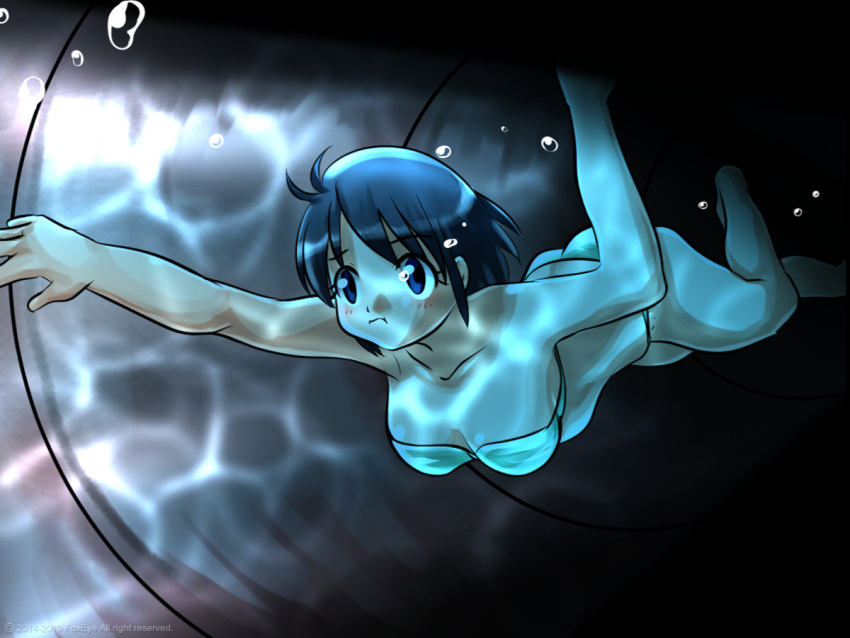 1girl asphyxiation at_night_in_a_party:_the_whisper_of_the_sea big_breasts bikini black_eyes black_hair breasts collarbone drowning female female_only foxeye_(artist) foxeye_limited_game_collection game_cg green_bikini karin_(foxeye) original peril pipe ship shipwreck solo solo_female strapless_bikini strapless_bra sunken_ship swimming swimsuit underwater