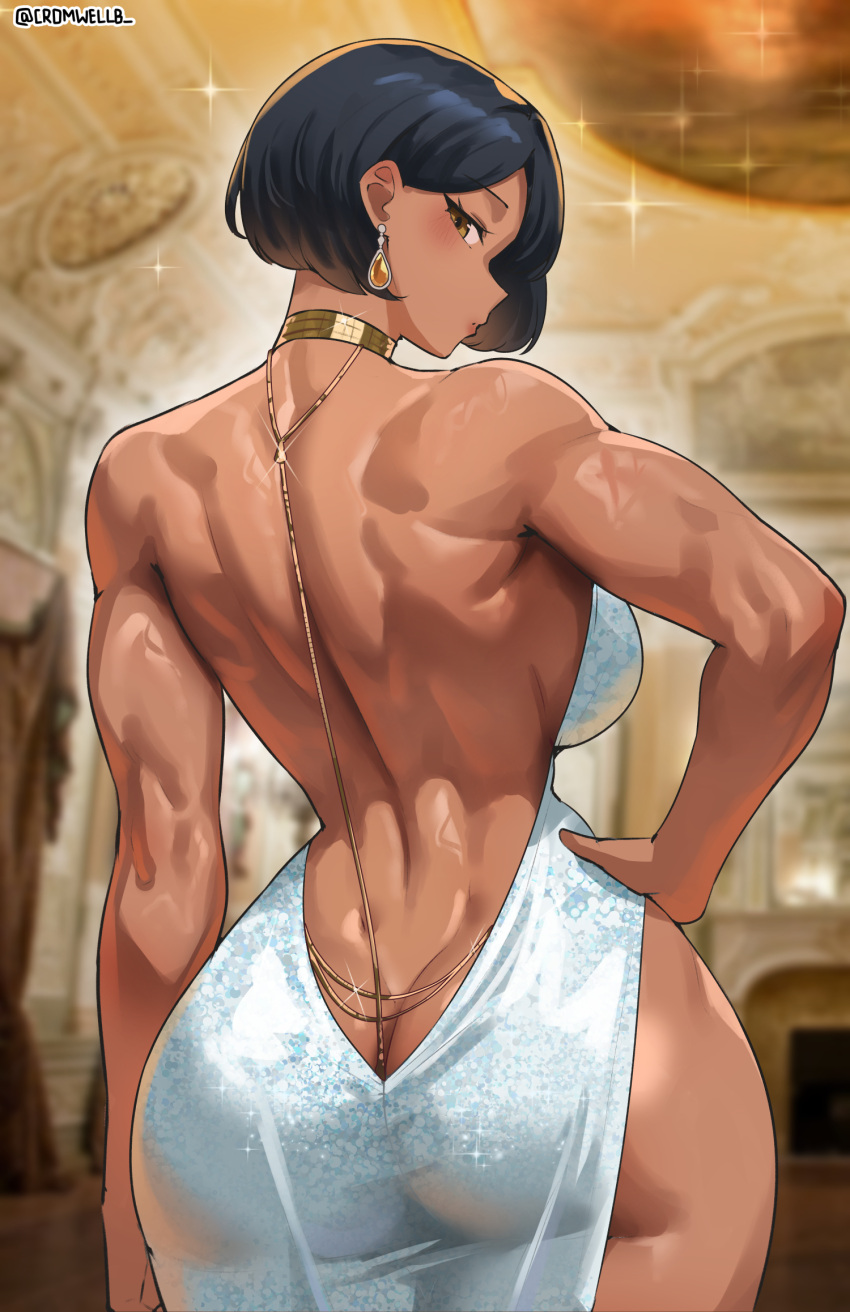 1girl big_breasts black_hair brown_eyes bubble_butt cleavage cromwellb dark-skinned_female horny inviting_to_sex looking_at_viewer pose standing teasing thick_thighs