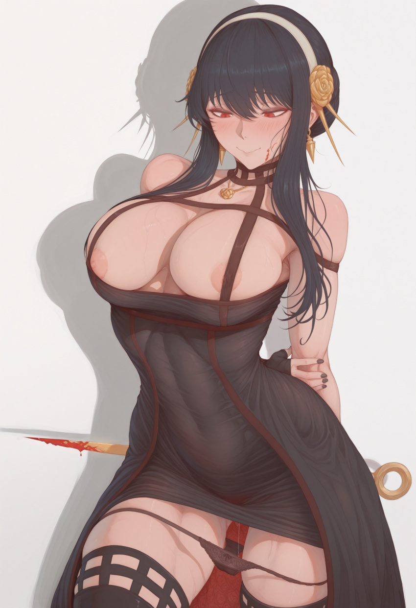 1girl big_breasts black_hair bubble_butt cleavage horny inviting_to_sex pose red_eyes shaved_pussy spy_x_family standing still_dope stockings teasing thick_thighs thorn_princess undressing wet_pussy yor_briar yor_forger