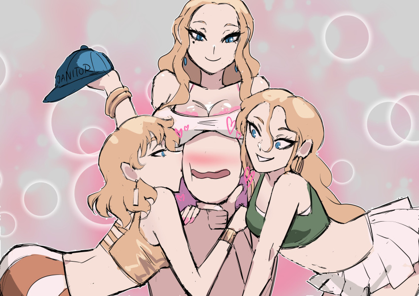 1boy 3_girls ass barbara_(biku) bare_shoulders bella_(biku) big_breasts biku blonde_hair blue_earrings blue_eyes bra bra_peek bra_strap bracelet bracelets breasts breasts_on_head cap cleavage earrings hat hoop_earrings janitor kissing kissing_cheek long_hair mole mole_under_eye navel original pink_bra pink_nails priss_(biku) purple_skirt short_hair short_skirt skirt striped_skirt white_skirt white_tank_top