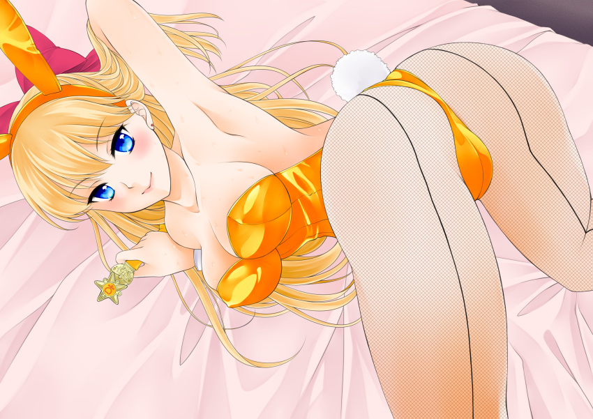 1girl 1girl 1girl absurd_res alluring animal_ears arm_up ass bare_shoulders bed_sheet big_breasts bishoujo_senshi_sailor_moon blonde_hair blue_eyes bow collarbone fake_animal_ears female_focus fishnet_pantyhose fishnets hairbow hand_in_own_hair high_res kutsuna_ayumu leotard long_hair looking_at_viewer looking_back minako_aino pantyhose playboy_bunny rabbit_ears rabbit_tail sailor_venus tail top-down_bottom-up
