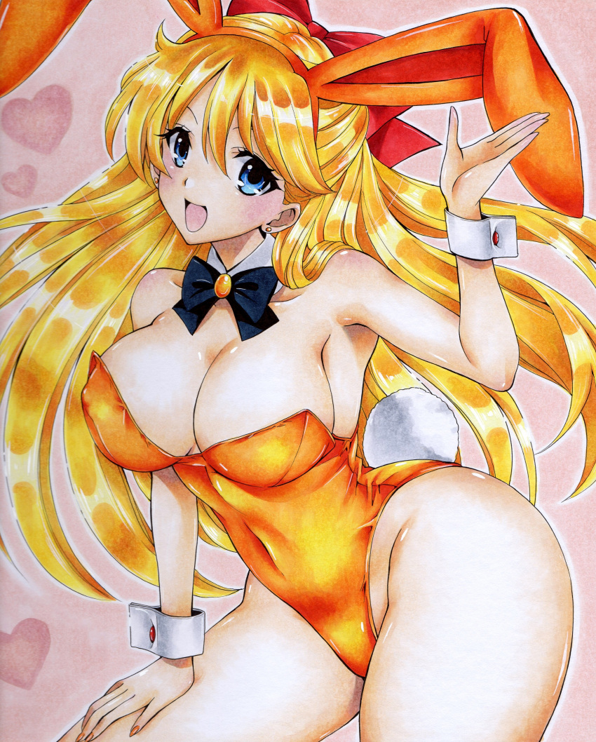 1girl 1girl absurd_res alluring animal_ears big_breasts bishoujo_senshi_sailor_moon black_bow blonde_hair blue_eyes bow bowtie choker cleavage cosplay detached_collar earrings fake_animal_ears heart high_res hmdark-9 jewelry leotard long_hair minako_aino navel open_mouth orange_leotard playboy_bunny rabbit_ears rabbit_tail tail traditional_media very_long_hair wrist_cuffs