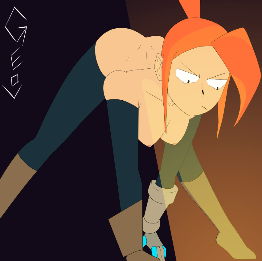 1girl 1girls angry ankle_boots armored_gloves ass ass_up big_breasts boots bottom_up bottom_up_top_down breasts breasts_out collarbone dark_background dead_cells dead_cells_:_immortalis elf_ears erect_nipples gauntlets geov gloves green_cape hood laure_esposito leather_gloves nude orange_hair pink_nipples ponytail purple_background sidelocks signature simple_background solo_female spotlight stockings stockings text