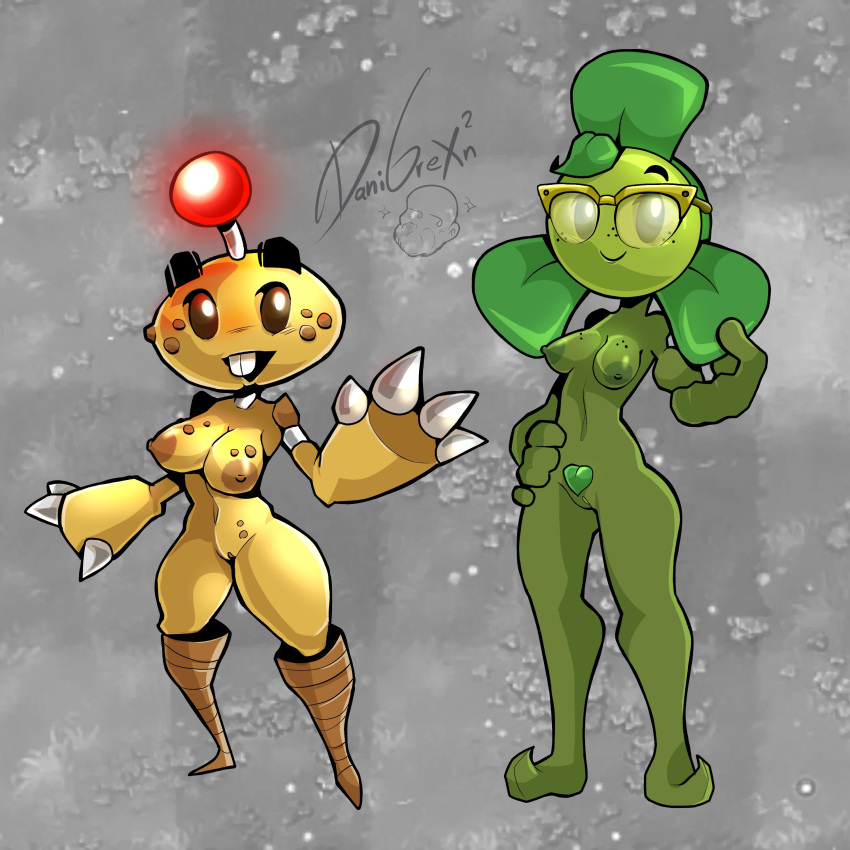 1girl 2_girls ankle_boots antennae anthro big_breasts black_sclera blover_(pvz) boots breasts character_request claws cleavage cute danigrex2n dgrex2n erect_nipples flora_fauna glasses hand_on_hip hourglass_figure humanization humanized leaf_hair lingerie medium_breasts navel nerd nerdy_female nipples nude nude_female plant plant_girl plant_hair plant_humanoid plantie plants_vs_zombies popcap_games potato potato_mine potato_mine_(pvz) pubic_hair pussy pussy pvz radio_antenna signature smile teeth teeth_showing thick_thighs thighs wholesome
