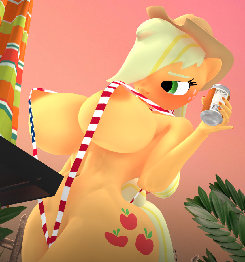 1girl 3d 4th_of_july alcohol american_flag_bikini anthro applejack applejack_(mlp) areola beer beer_can belly belly_button big_breasts bikini blush breasts clothes drink earth_pony female flag_bikini friendship_is_magic g4 hair_over_one_eye hasbro high_res holidays low_angle mare my_little_pony nipples nudity outside purplefondue sling_bikini solo solo_female swimsuit useless_clothing