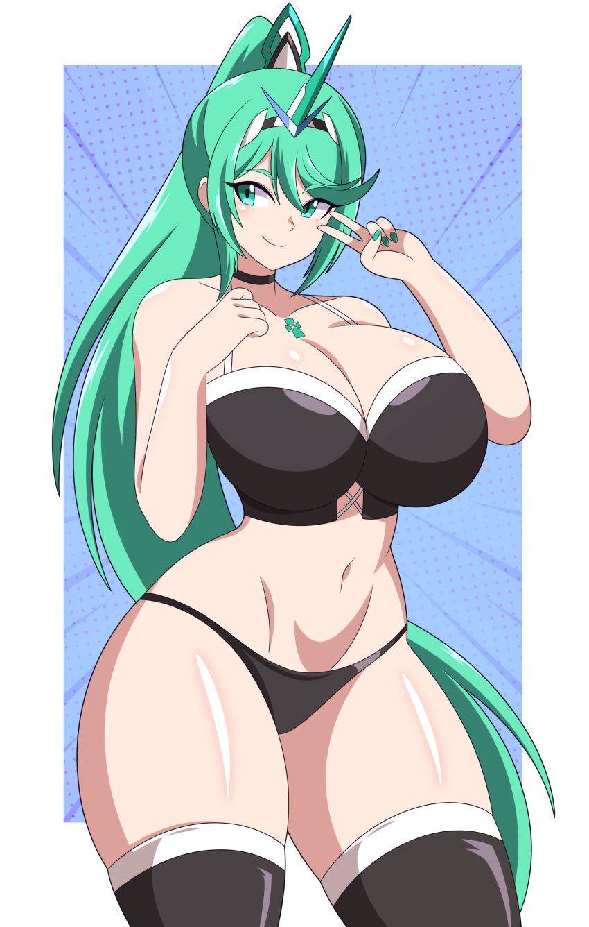 1girl absurd_res abysswatchers alluring big_breasts black_bra black_panties black_thighhighs blue_background blush bra choker cleavage collarbone core_crystal_(xenoblade) green_eyes green_hair green_nails hairband high_res horns long_hair looking_at_viewer navel nintendo panties pneuma_(xenoblade) polka_dot polka_dot_background ponytail single_horn smile standing stockings thick_thighs thighs underwear v wide_hips xenoblade_(series) xenoblade_chronicles_2