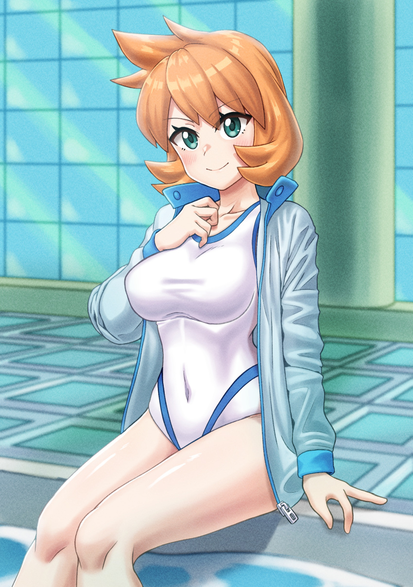 1girl absurd_res alluring bare_legs big_breasts blue_jacket blush closed_mouth collarbone competition_swimsuit covered_navel els_(ljhlee12) female_focus green_eyes gym_leader hand_on_own_chest hand_up high_res highleg indoors jacket legs long_sleeves looking_at_viewer medium_breasts misty misty_(pokemon) navel nintendo one-piece_bikini open_clothes open_jacket orange_hair partially_submerged pokemon pokemon_hgss pool poolside short_hair sitting smile soaking_feet sportswear swimming_pool swimsuit thick_thighs thighs tile_floor tiles track_jacket water white_one-piece_bikini