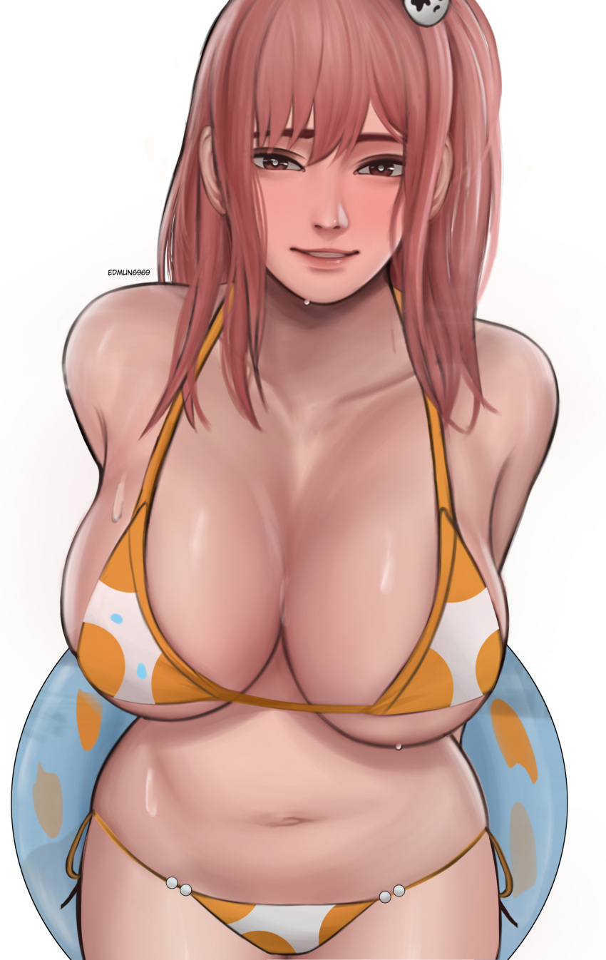 1girl absurd_res alluring big_breasts bikini brown_eyes cleavage dead_or_alive dead_or_alive_6 dead_or_alive_xtreme_venus_vacation edmun6969 hair_ornament high_res honoka honoka_(doa) long_hair looking_at_viewer parted_lips pink_hair smile swimsuit tecmo
