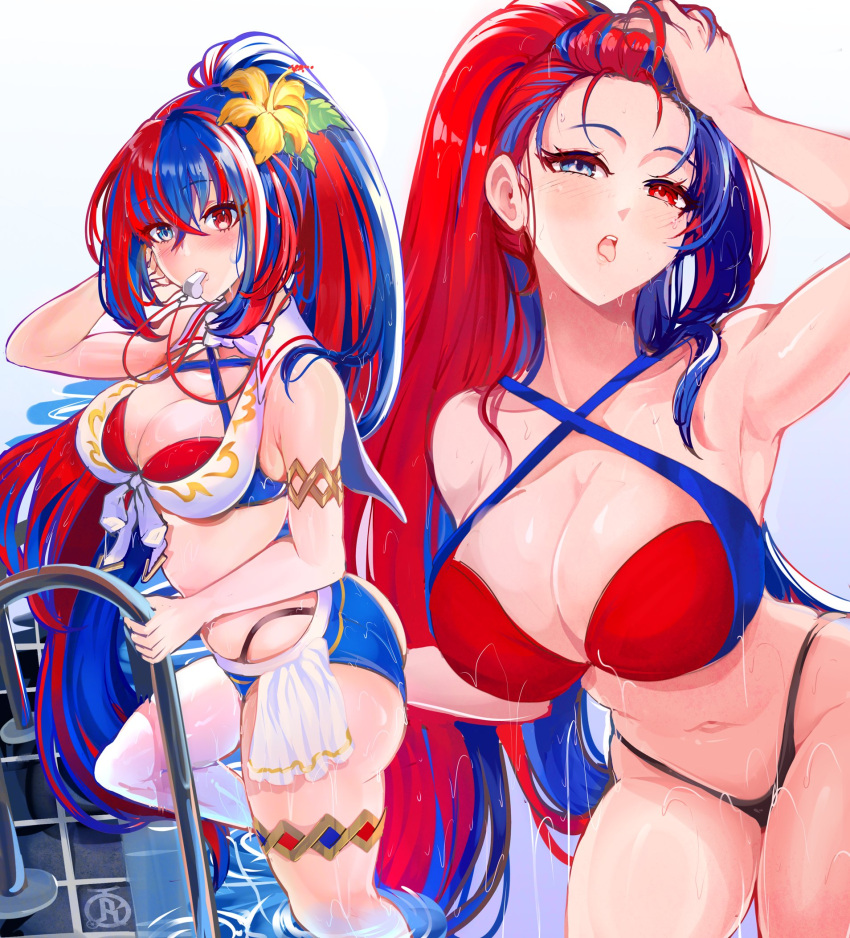 1girl alear_(female)_(fire_emblem) alear_(fire_emblem) alternate_costume alternate_hairstyle ass big_breasts bikini blue_bikini blue_eyes blue_hair blue_swimsuit breasts cleavage crossed_bangs female female_only fire_emblem fire_emblem_engage fire_emblem_heroes hair_slicked_back heterochromia high_res long_hair looking_at_viewer multicolored_clothes multicolored_hair naughty_face nintendo official_alternate_costume official_alternate_hairstyle ponytail red_bikini red_eyes red_hair red_swimsuit revolverwingstudios solo split-color_hair swimsuit two-tone_hair very_long_hair wet whistle white_bikini white_swimsuit