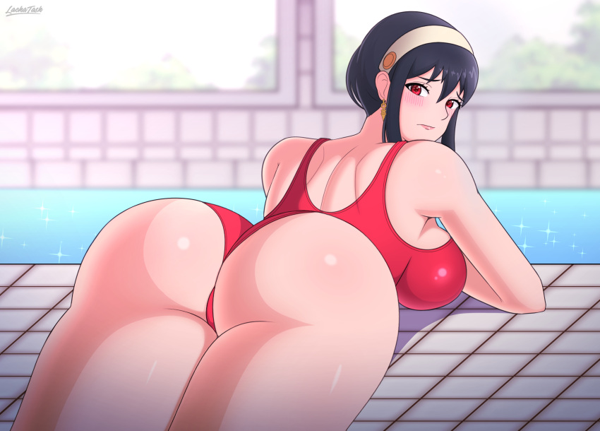 1girl alluring ass backboob big_ass big_breasts black_hair blush breasts dat_ass ear_piercing earrings female_only hair hair_ornament huge_ass lackatask looking_back on_stomach one-piece_bikini poolside red_eyes sparkles spy_x_family swimming_pool swimsuit swimwear thighs yor_briar yor_forger