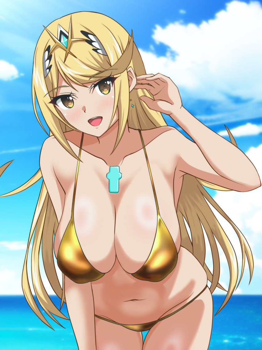 1girl alluring big_breasts bikini blush bra cleavage clothed clothing core_crystal female_only golden_bikini hata_(pixiv10403940) mythra_(xenoblade) nintendo xenoblade_(series) xenoblade_chronicles_2