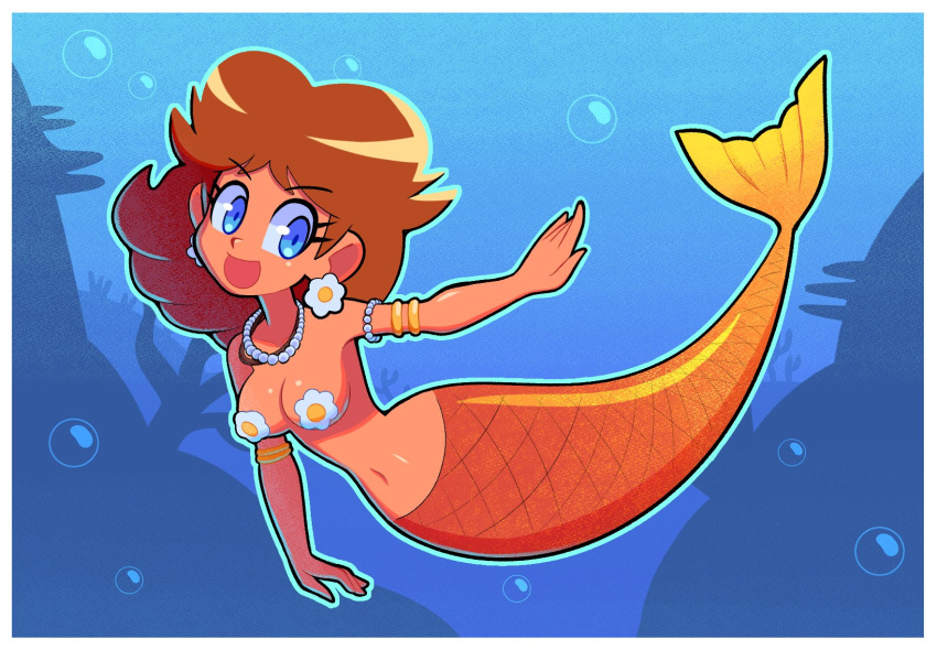 1girl armlet big_breasts blue_eyes breasts brown_hair chibi female mario_(series) medium_breasts merfolk mermaid navel nintendo orange_tail pasties pearl_necklace princess_daisy solo super_mario_bros. swimming tan_skin underwater zackscott_(artist)