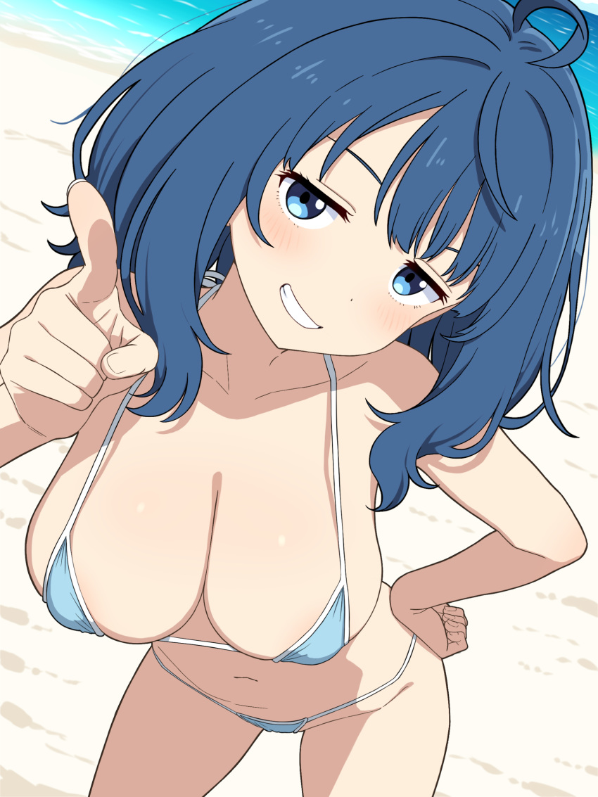 1girl artist_request beach big_breasts bikini blue_bikini blue_eyes blue_hair breasts confident female female_only from_above grin half-closed_eyes hand_on_hip high_res index_finger_raised legs looking_at_viewer make_heroine_ga_oo_sugiru! medium_hair navel ocean pointing pointing_at_viewer sensual sexy sexy_pose sideboob smile solo swimsuit thighs voluptuous water yanami_anna