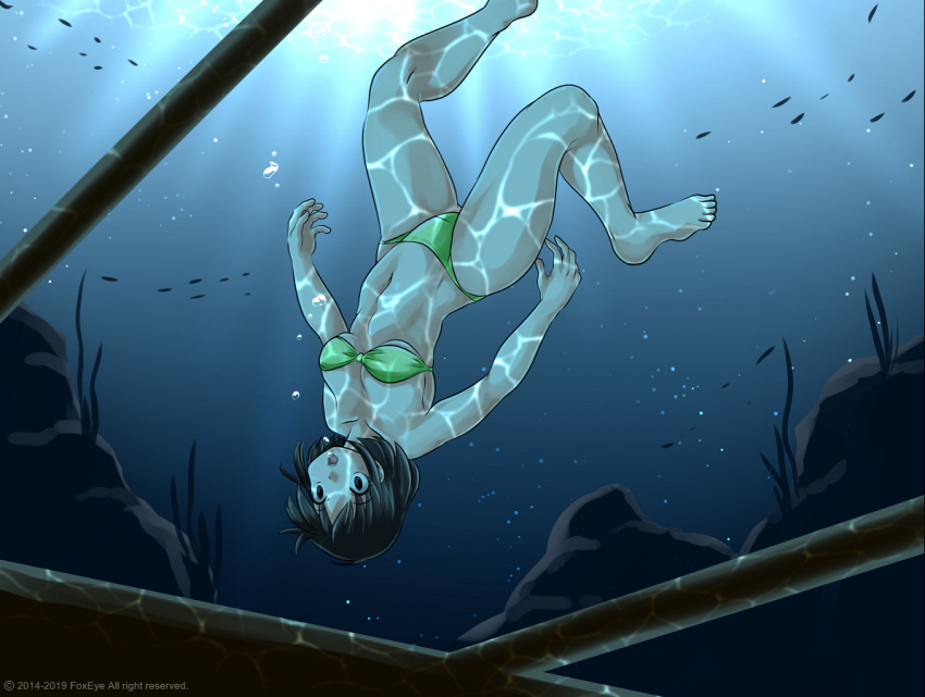 1girl asphyxiation at_night_in_a_party:_the_whisper_of_the_sea bad_end bad_ending big_breasts bikini black_eyes black_hair breasts collarbone corpse death drowned drowning empty_eyes female female_death female_only fish foxeye_(artist) foxeye_limited_game_collection game_cg green_bikini karin_(foxeye) navel original ship shipwreck solo solo_female strapless_bikini strapless_bra sunken_ship swimsuit underwater