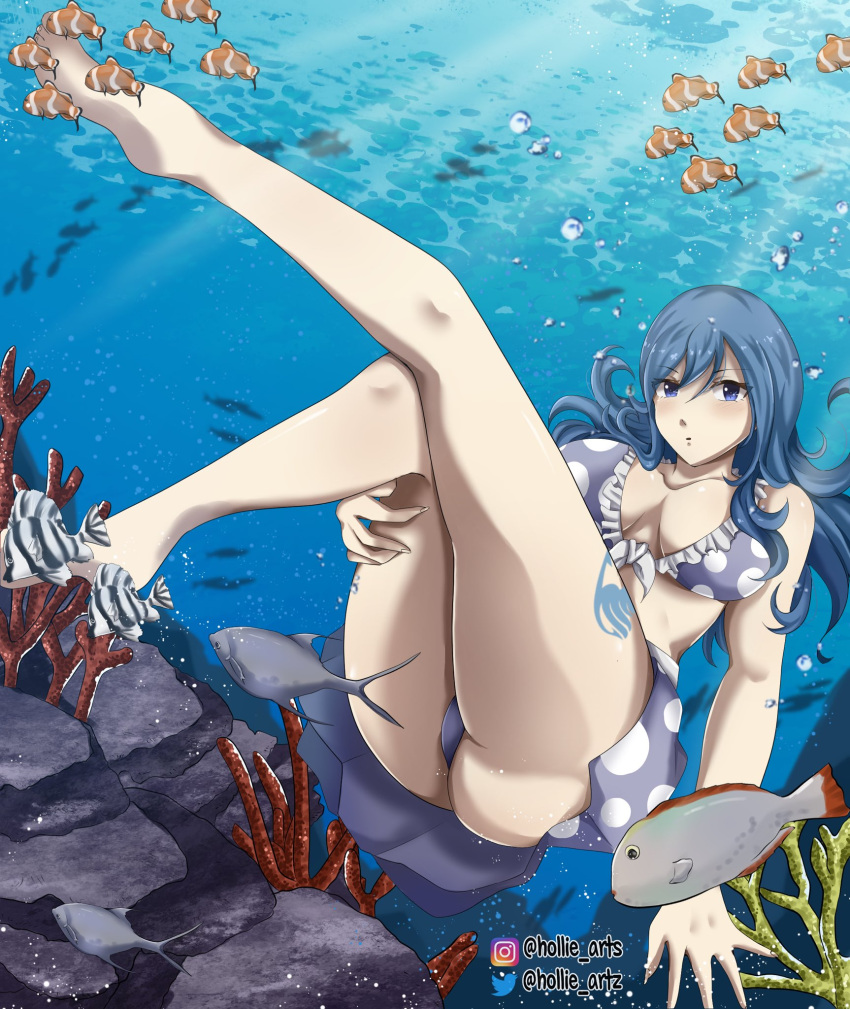 1girl ass ass_focus barefoot bathing big_ass big_breasts bikini bikini_bottom bikini_top blue_eyes blue_hair blue_tattoo blush breasts bubble_ass bubble_butt cleavage detailed_background fairy_tail fairy_tail_mark feet feet_up female female_focus female_only fish foot_fetish high_res high_resolution hollie_arts inner_sideboob juvia_lockser large_ass legs_together legs_up light-skinned_female light_skin long_hair looking_at_viewer ocean on_back pale-skinned_female pale_skin polka_dot polka_dot_bikini polka_dot_panties polka_dot_swimsuit pose posing purple_bikini purple_panties purple_swimsuit sea skirt soles solo solo_female solo_focus swimsuit tattoo tattoo_on_leg tattoo_on_legs tattooed_leg thick_thighs thigh_grab thigh_tattoo thighs toes underwater voluptuous