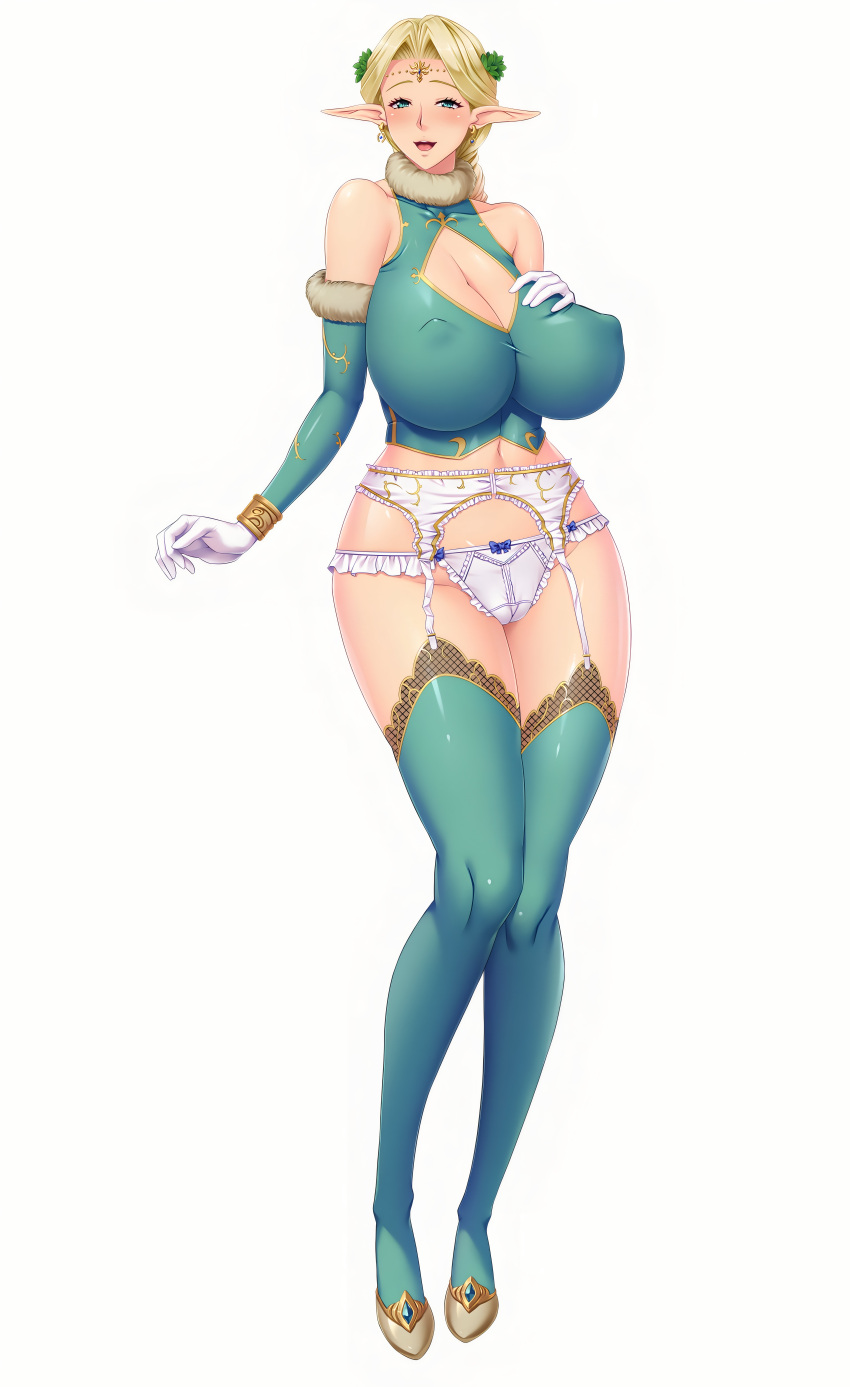 1girl big_ass big_breasts blonde_hair cute earrings elf ephildis_agraliel gloves lingerie long_ears long_hair lune milf panties platform_shoes ponytail seductive sexy shoes smile thighs