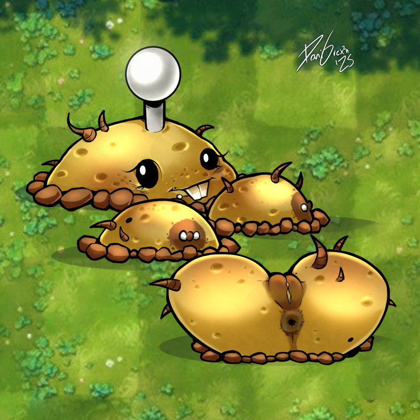 antennae_(anatomy) anus artist_request ass ass_focus big_breasts black_sclera blush brown_nipples buried character_request dgrex2n erect_nipples grass ground light_blush looking_at_viewer mole_on_breast nipples piercing plant plant_girl plants_vs_zombies potato potato_mine potato_mine_(pvz) pussy roots signature teeth_showing
