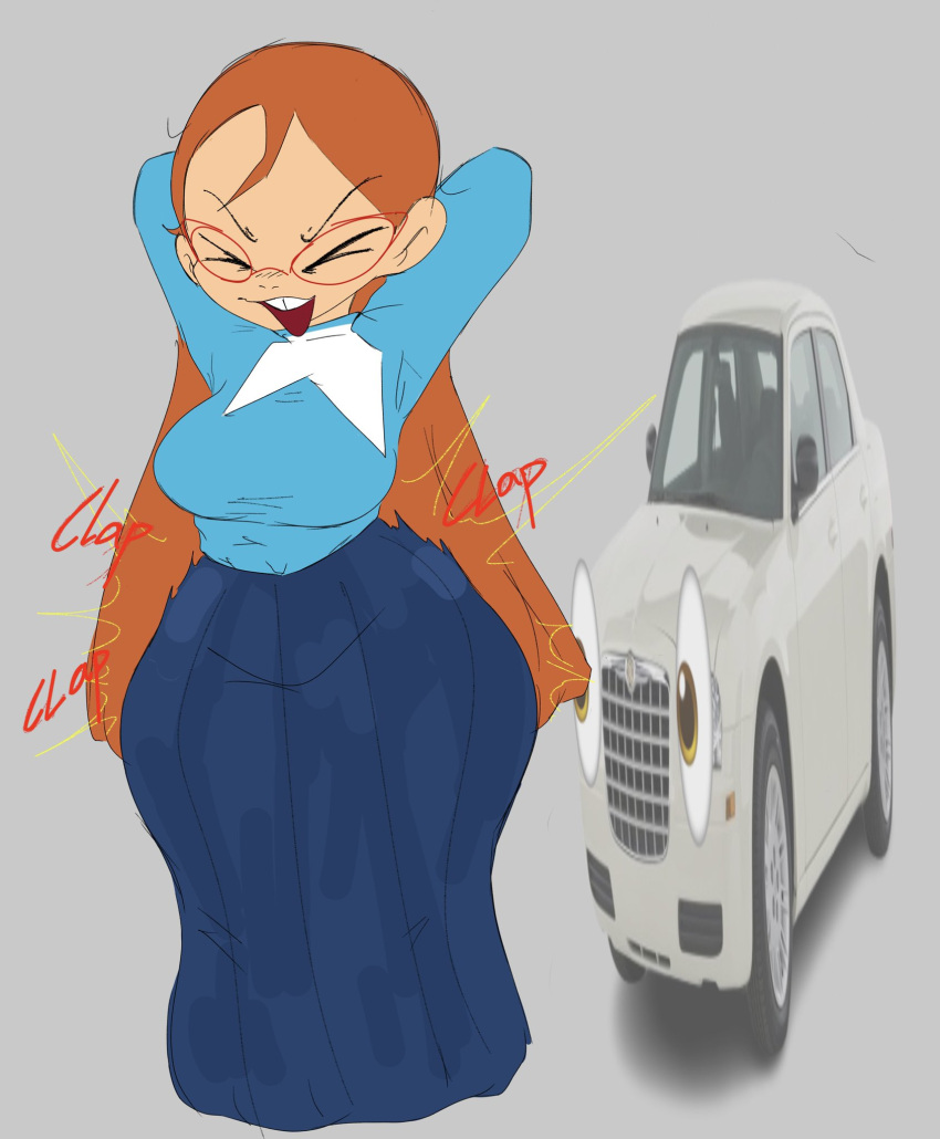 1girl 1girls arms_behind_head big_ass big_breasts breasts buckteeth challemgr clapping_cheeks closed_eyes closed_eyes_smile dress english_text female_focus female_only fully_clothed glasses kindergarten_(game) kindergarten_3 light_skin long_hair ms._lovelett orange_hair text wide_hips