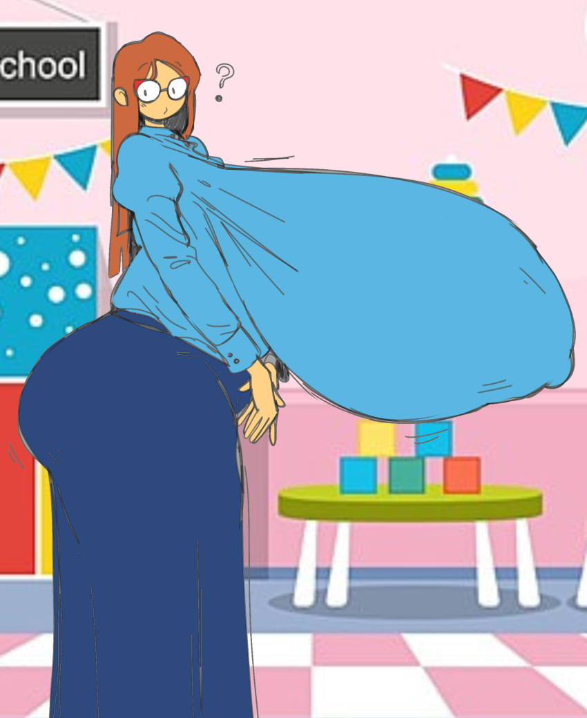 1girl 1girl 1girls 2024 2d 2d_(artwork) ? ass ass_bigger_than_head big_breasts breasts breasts_bigger_than_head classroom clothed color colored edit english_text enormous_breasts female_focus female_only fully_clothed gigantic_breasts glasses hanging_breasts huge_ass hyper_breasts kindergarten_(game) kindergarten_3 kindergarten_teacher long_breasts long_hair looking_back male mature_female ms._lovelett nipple_bulge nipples_visible_through_clothing no_bra offscreen_character offscreen_male public public_nudity school side_view solo_focus submarichamomi2 teacher text top_heavy
