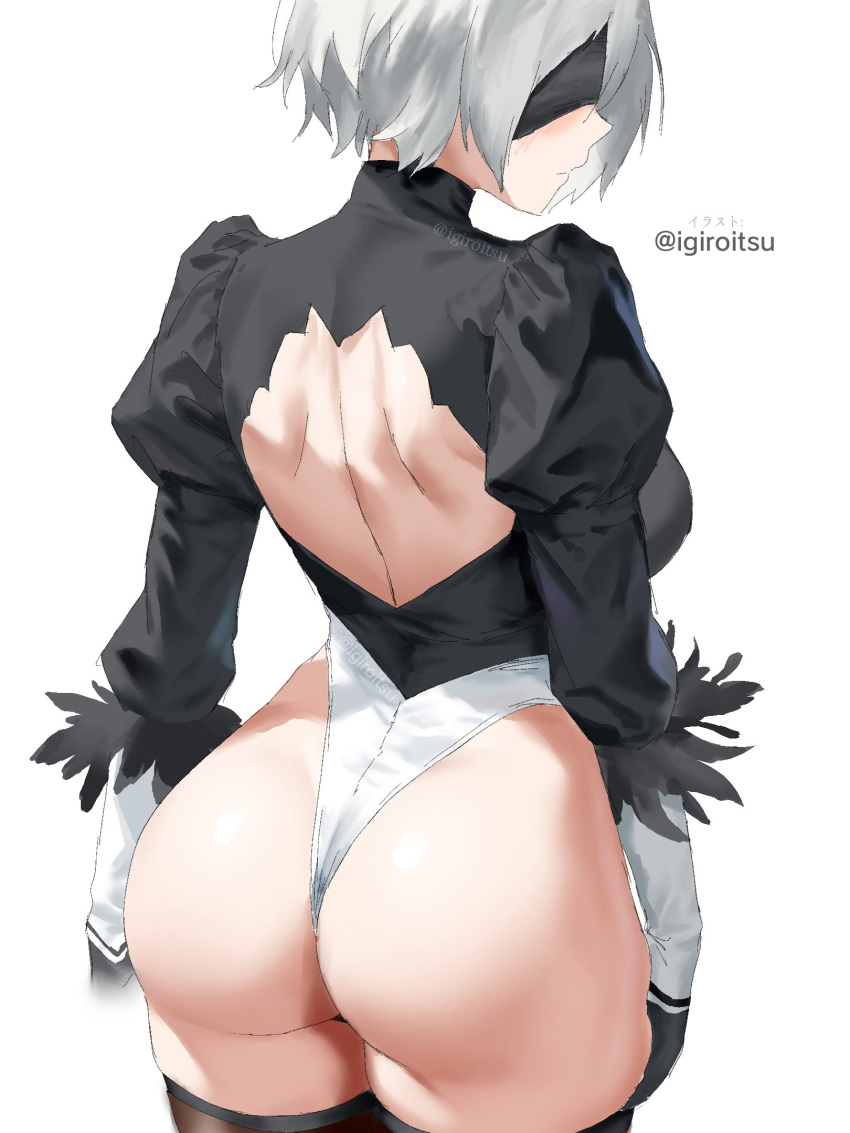 1girl big_breasts blindfold bubble_butt cleavage horny igiroitsu inviting_to_sex nier nier:_automata nier_(series) pose standing stockings teasing thick_thighs white_hair yorha_no._2_type_b