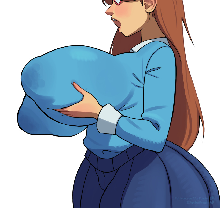 1girl 1girl 1girls ass ass_in_dress big_ass big_breasts big_breasts blue_dress blue_shirt blush bra breast_focus breasts brown_hair bubble_ass bubble_butt clothing dress english english_text eyewear female_only glasses hair hands_on_breasts hips huge_ass huge_breasts innocent junfreaky kindergarten_(game) kindergarten_3 long_hair mature mature_female ms._lovelett nerd nipple_bulge open_mouth panties pantylines pussy red_glasses self_fondle shirt smile solo_female teacher teacher_outfit text wide_hips